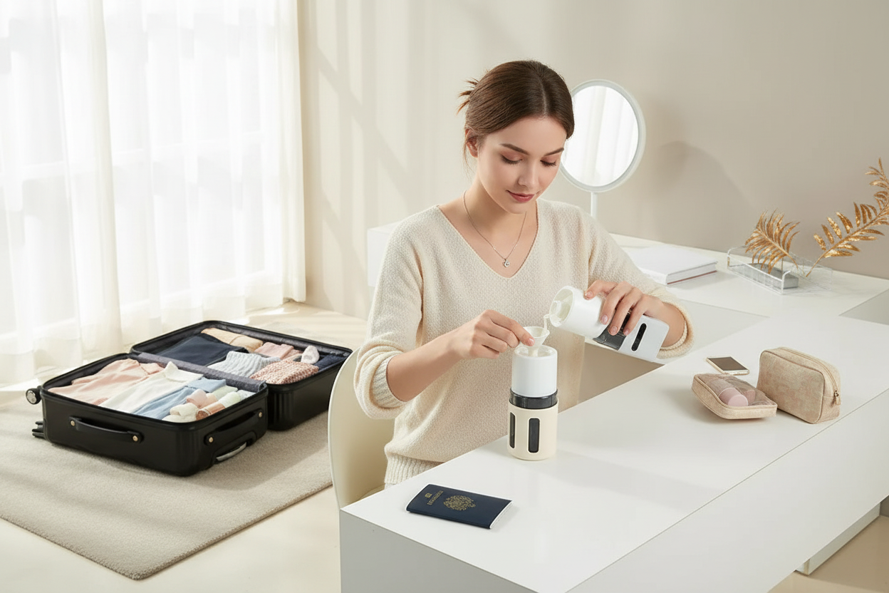 Femme qui remplit ses distributeurs beige et blanc