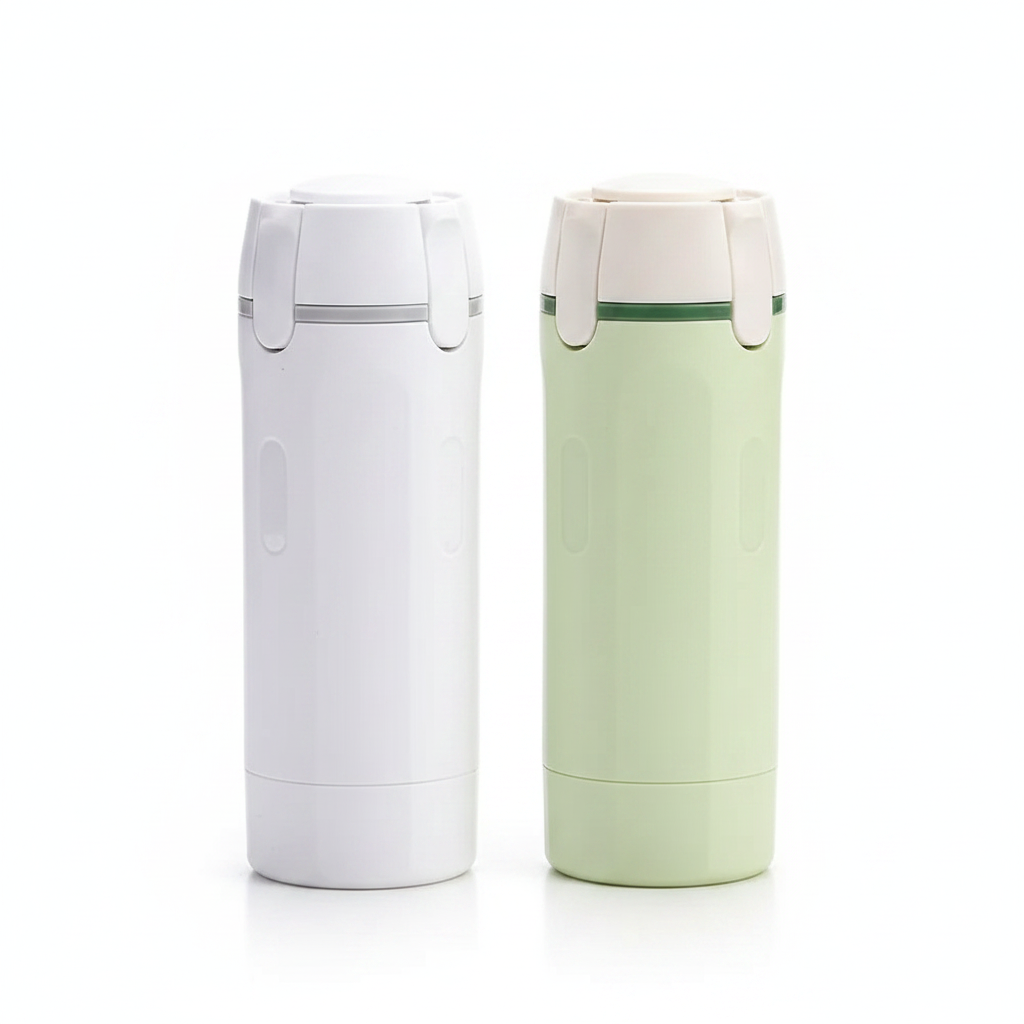 Distributeur de voyage blanc et vert sur fond blanc
