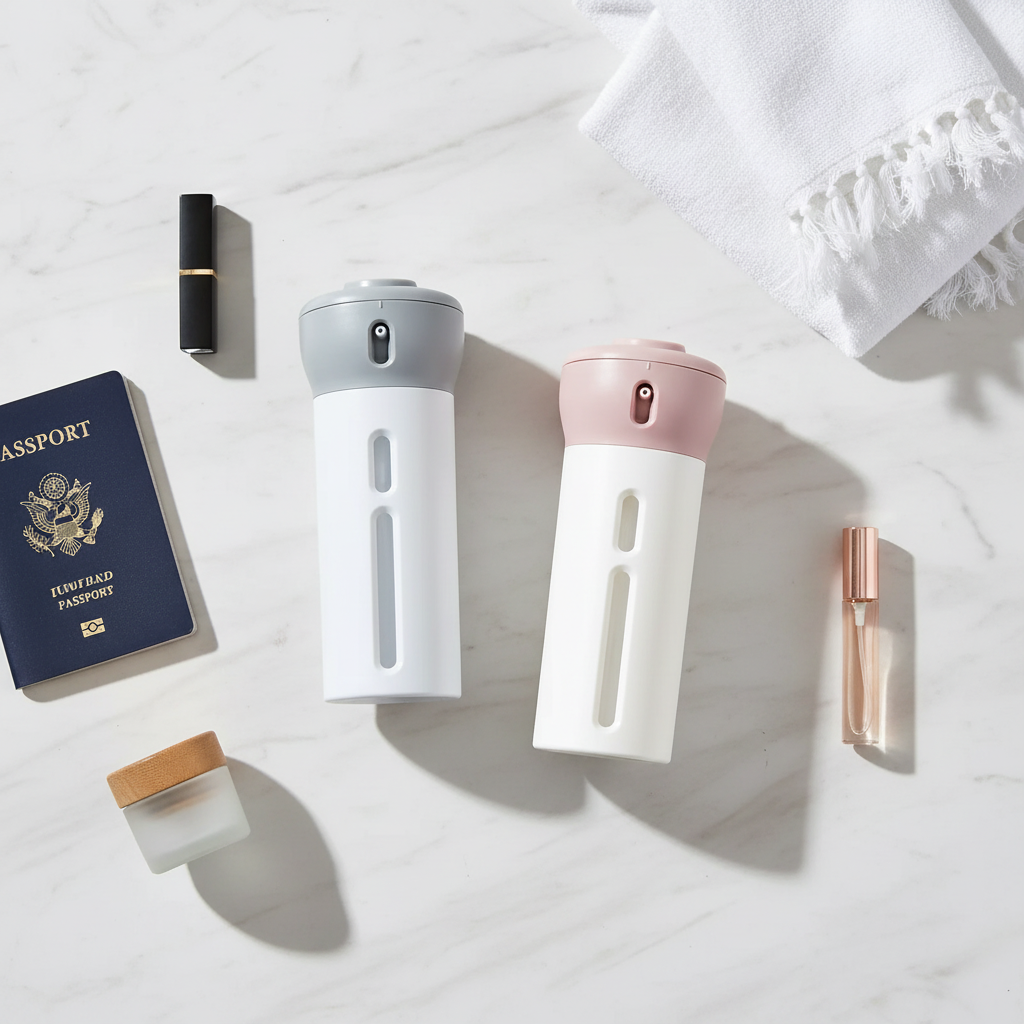 Flat lay distributeur liquide voyage avec accessoires