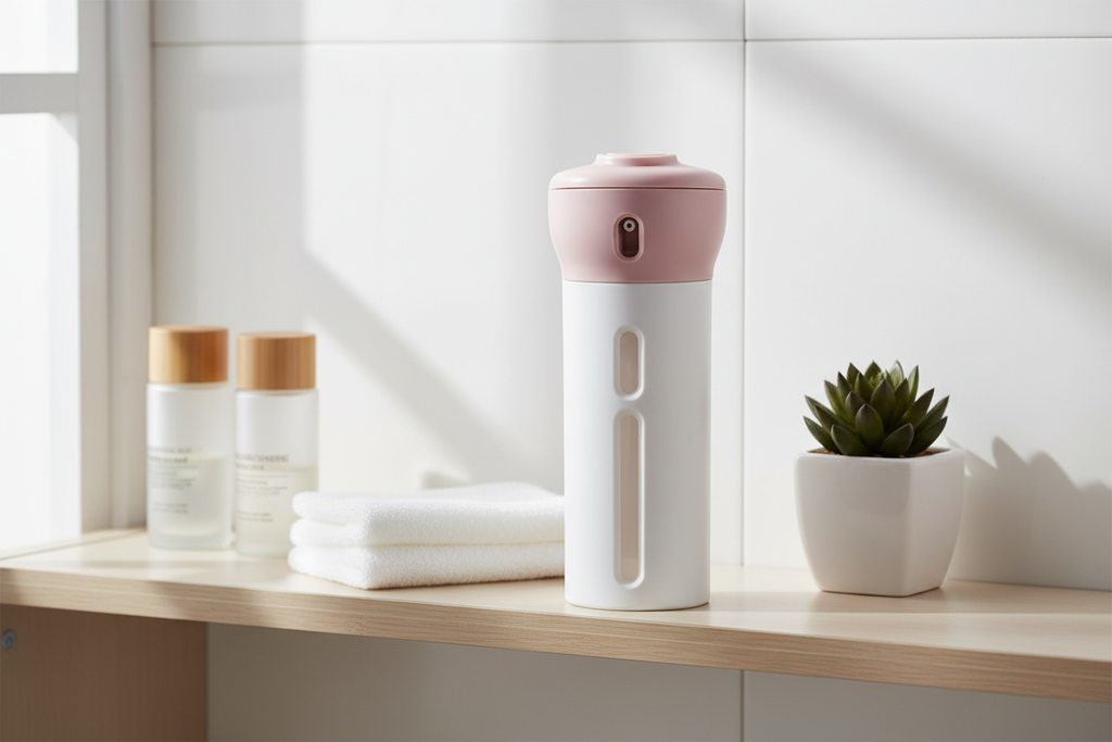 Distributeur liquide voyage rose dans une salle de bain