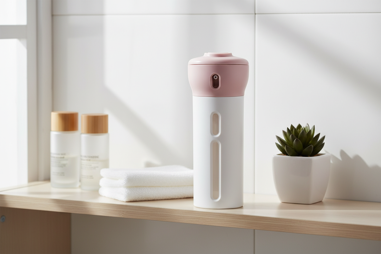 Distributeur liquide voyage rose dans une salle de bain