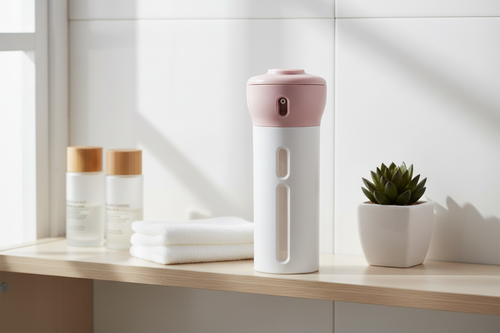 Distributeur liquide voyage rose dans une salle de bain
