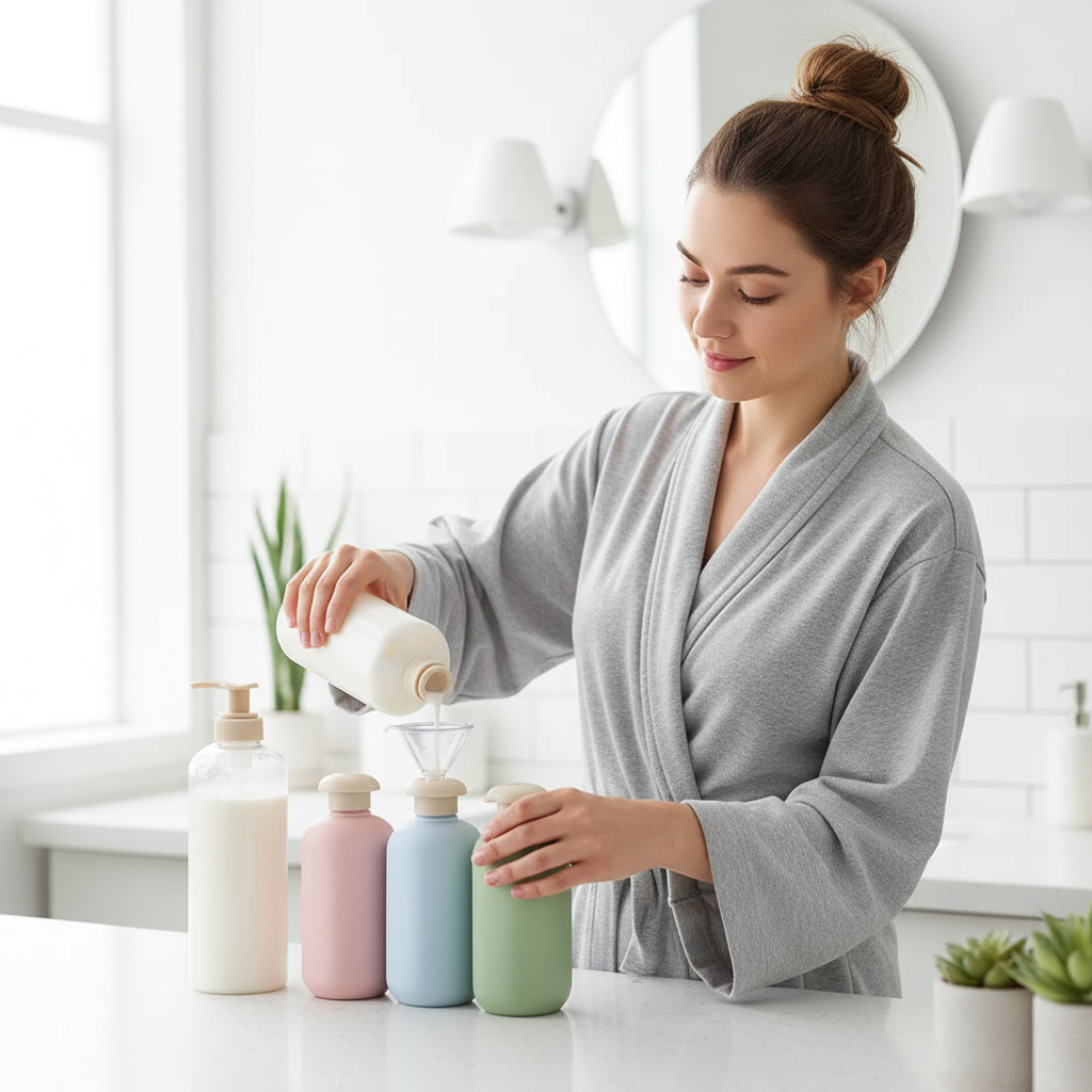 Femme utilisant les flacons de voyage pastel