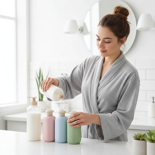 Femme utilisant les flacons de voyage pastel