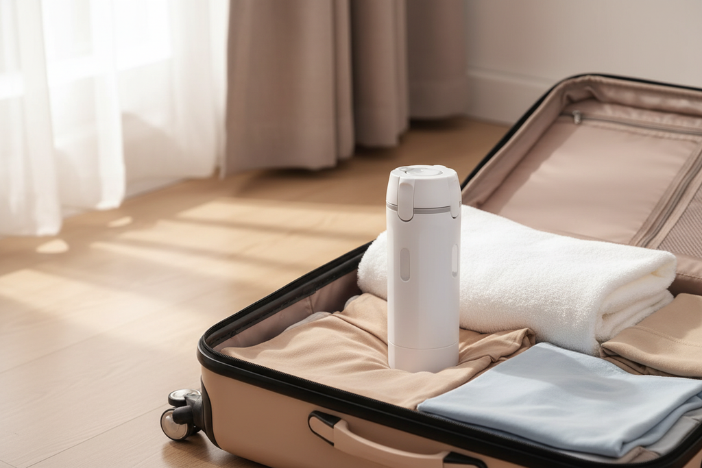Distributeur de voyage dans une valise