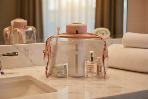 Distributeur liquide voyage rose dans une salle de bain d'hôtel