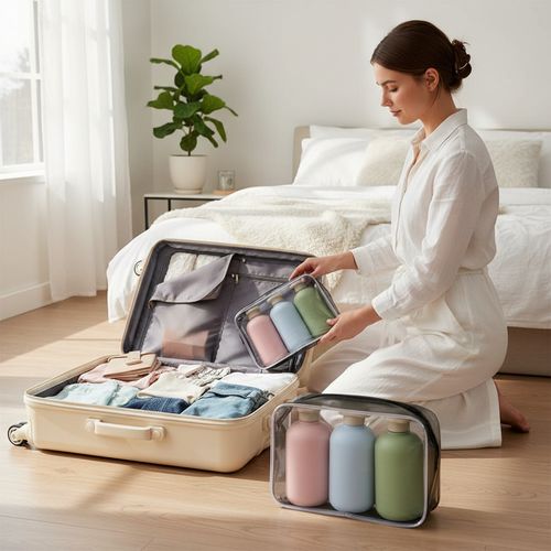 Femme qui range ses flacons de voyage dans sa valise