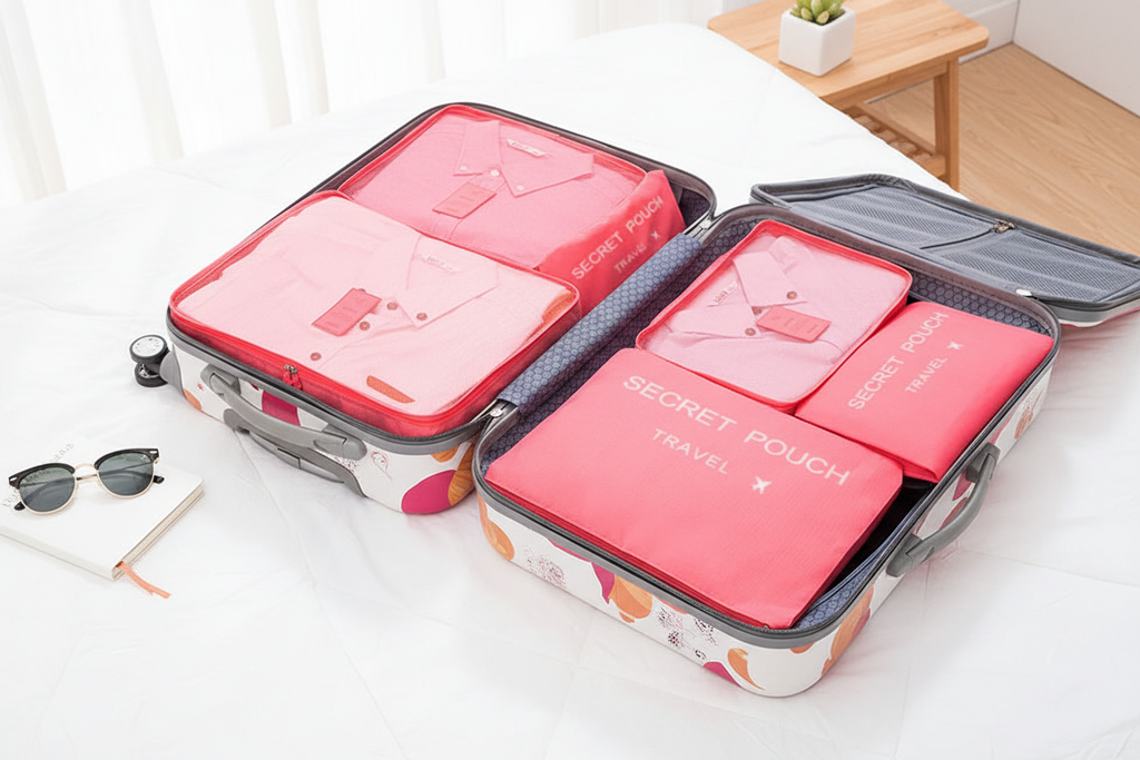 Set 6 cubes de rangement rose dans une valise