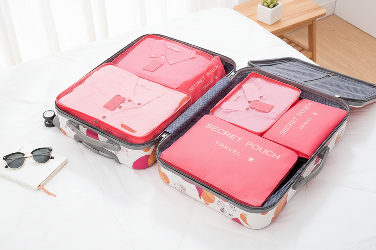 Set 6 cubes de rangement rose dans une valise
